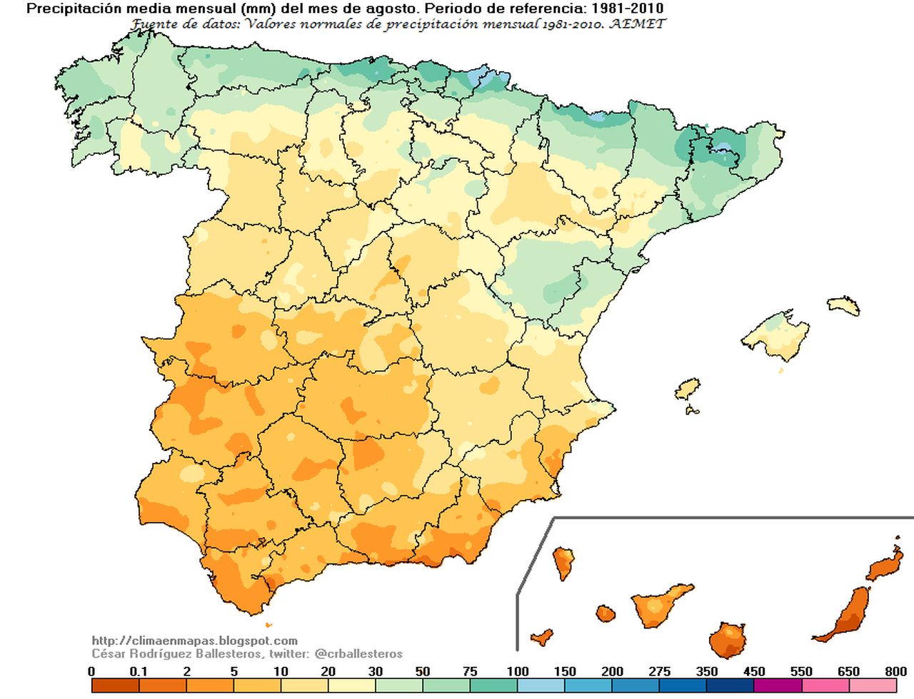 La pluviometría en agosto en España